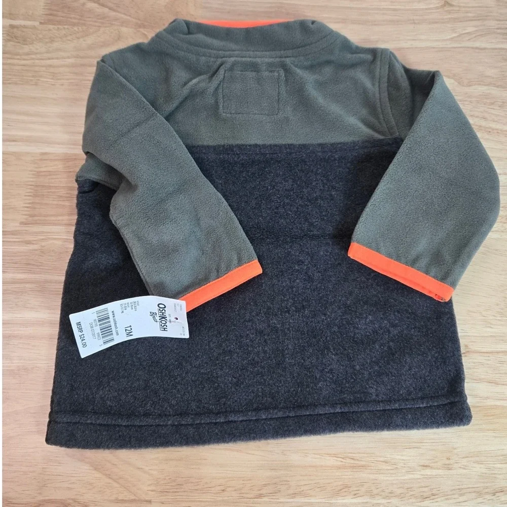 OshKosh B'gosh Baby Boys 12M Fleece Quarter Zip Pullover Olive Gray Orange NWT